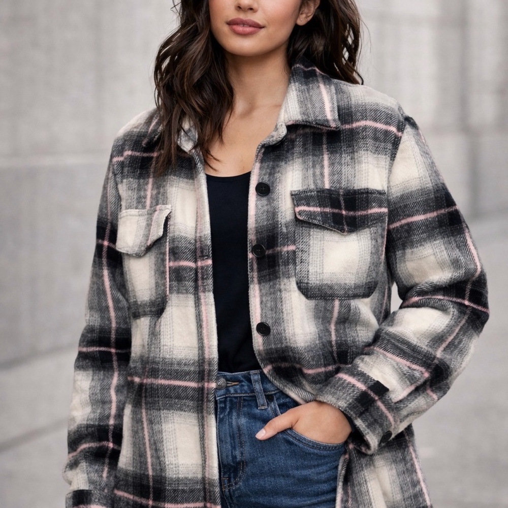 New Look Black and Cream Plaid Teddy Jacket